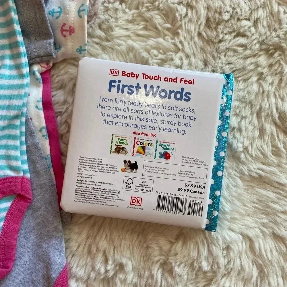 M of 5 onesies/body suits 6-9 m NWT & First Words touch/feel book